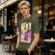 Oriental anime character graphic olive green casual t-shirt