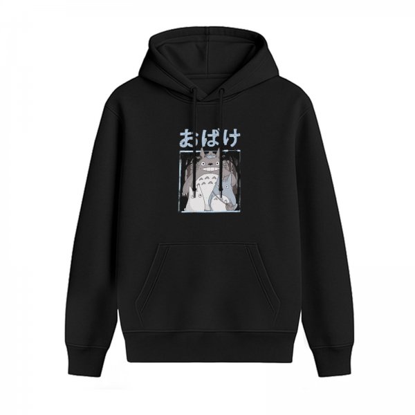 Black hoodie with Totoro forest spirit graphic and Japanese text