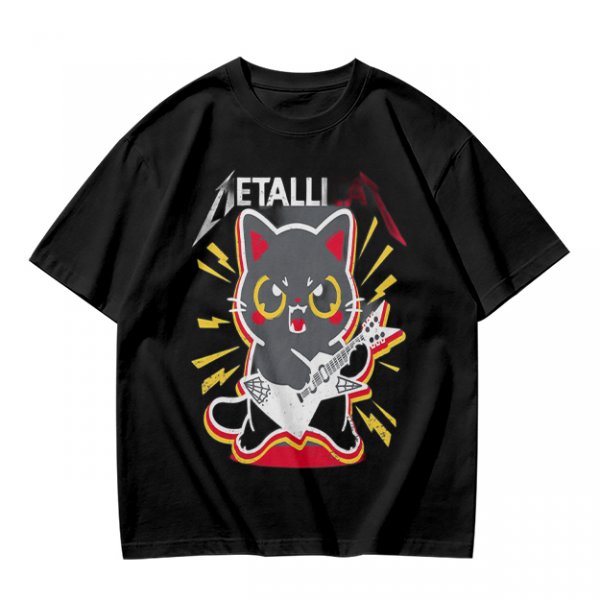 Olive green graphic t-shirt with a cartoon metal cat playing guitar