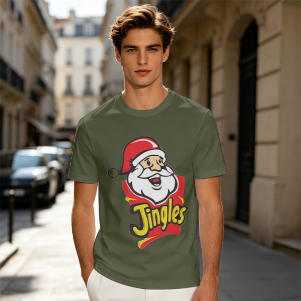 Olive T-Shirt with Santa Claus Jingles Christmas Print