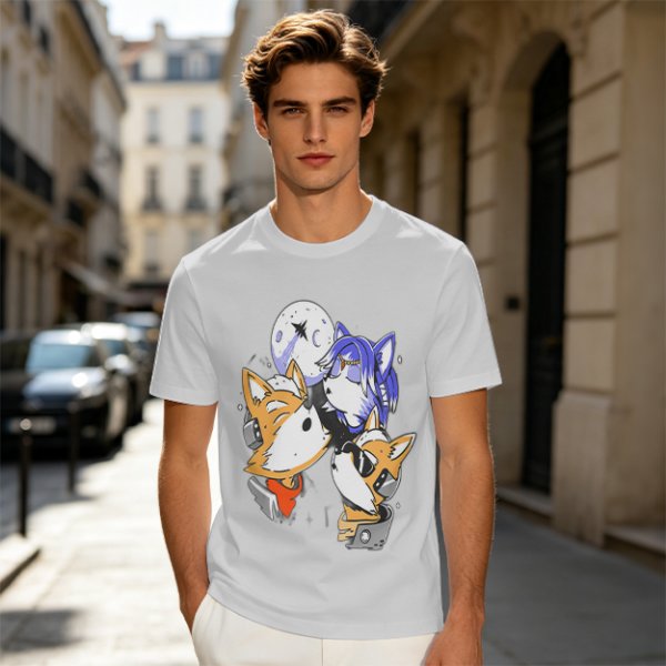 Olive T-shirt with Space Fox Crew Graphic Design