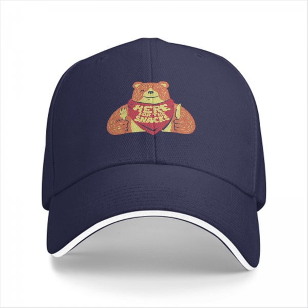 Black baseball cap with a winking bear graphic that says Here for the Snacks