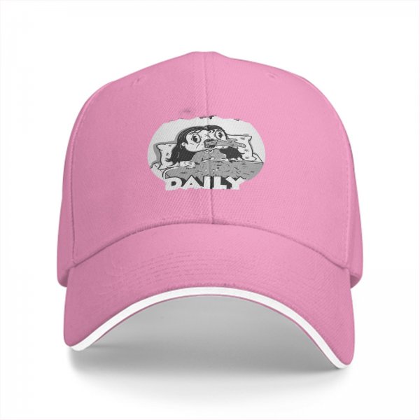 Black baseball cap with grayscale horror girl in bed graphic and DAILY text