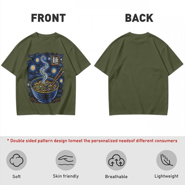 Olive t-shirt with starry night ramen bowl graphic