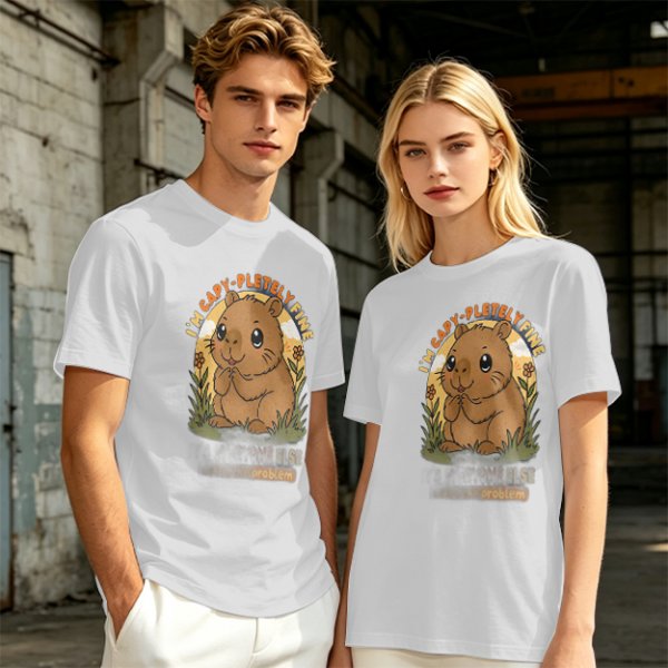 Olive t-shirt with cute capybara 'I'm capy-pletely fine' graphic