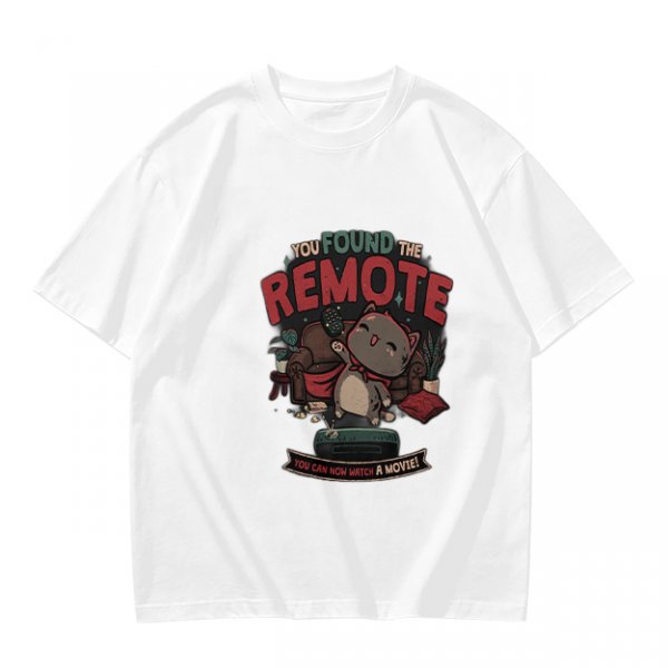 Olive t-shirt with cat graphic and 'You Found The Remote' movie text