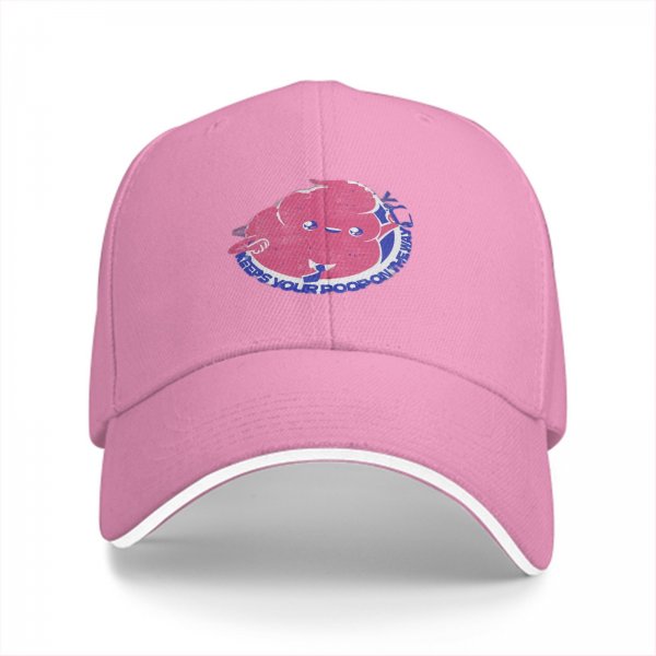 Black baseball cap with cartoon poop graphic and text print