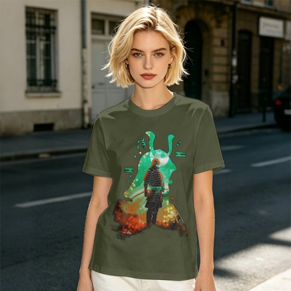 Olive T-shirt with Samurai Warrior and Helmet Art Print