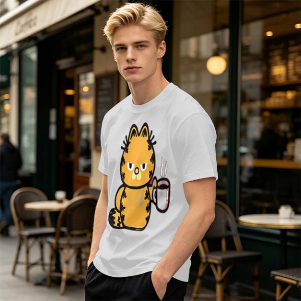 Olive T-Shirt With Grumpy Orange Cat Holding Hot Coffee Print