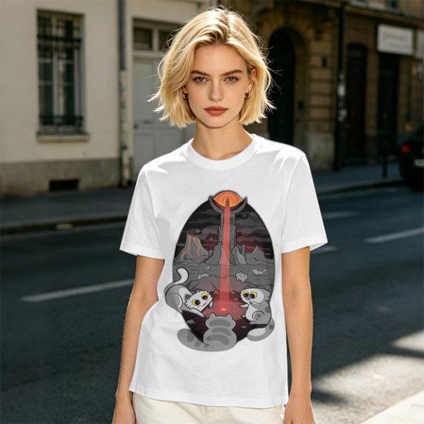 Olive T-shirt with Cat Sauron Tower Fantasy Art Print
