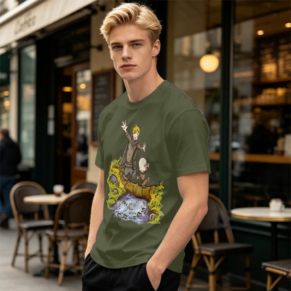 Olive T-shirt with fantasy characters balancing on a log over a stream