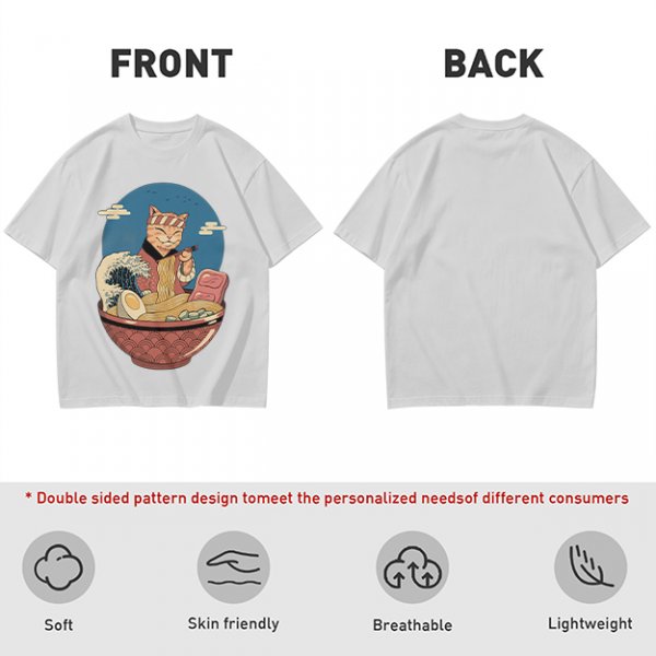 Cat Chef Eating Ramen in Great Wave Bowl T-Shirt