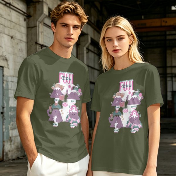 Olive green t-shirt with playful Mount Fuji character graphic print