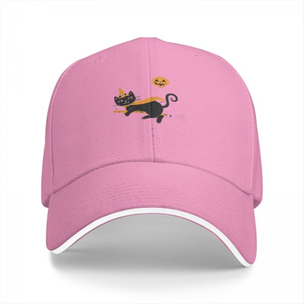 Black Baseball Cap with Halloween Witch Cat and Jack-o'-lantern Design