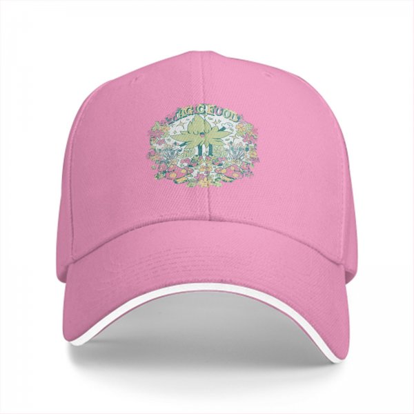 Black baseball cap with whimsical magical plant and mushroom graphic