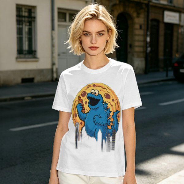 Olive T-Shirt Featuring Giant Cookie Monster Holding Cookie Against Moon