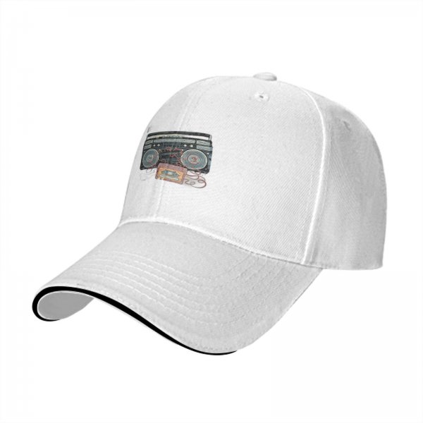 Black Baseball Cap with Retro Boombox and Cassette Print