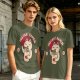 Olive green t-shirt with a cartoon cat eating instant ramen