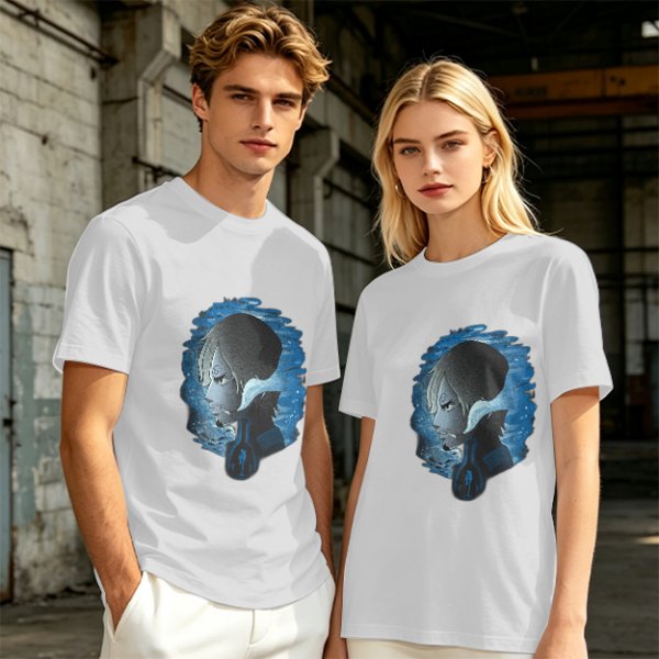 Olive T-Shirt With Anime Character Profile In Blue Cosmic Print