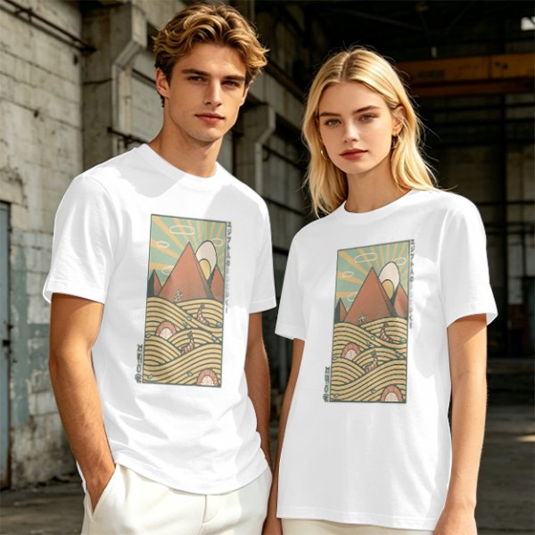 Olive T-Shirt With Retro Mountain And Ramen Noodle Landscape Print