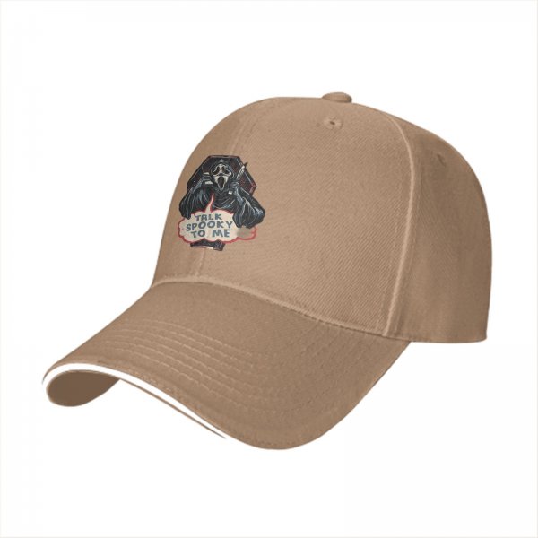 Black baseball cap with Ghostface 'Talk Spooky To Me' horror print