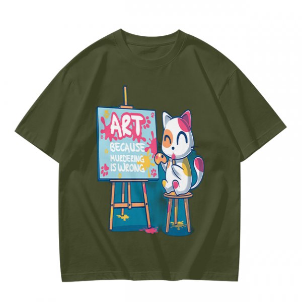 Olive T-Shirt With Cute Artist Cat Art Because Murder Is Wrong Print