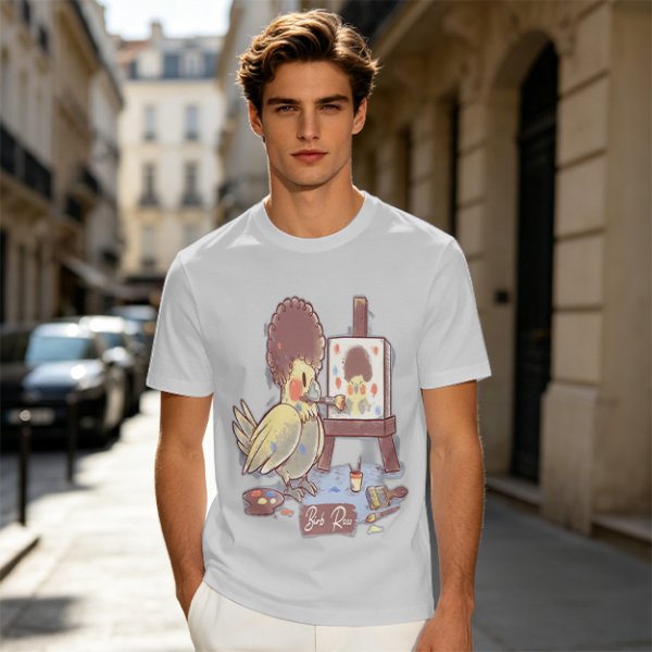 Olive T-Shirt Featuring a Bird Painting a Self-Portrait with an Afro
