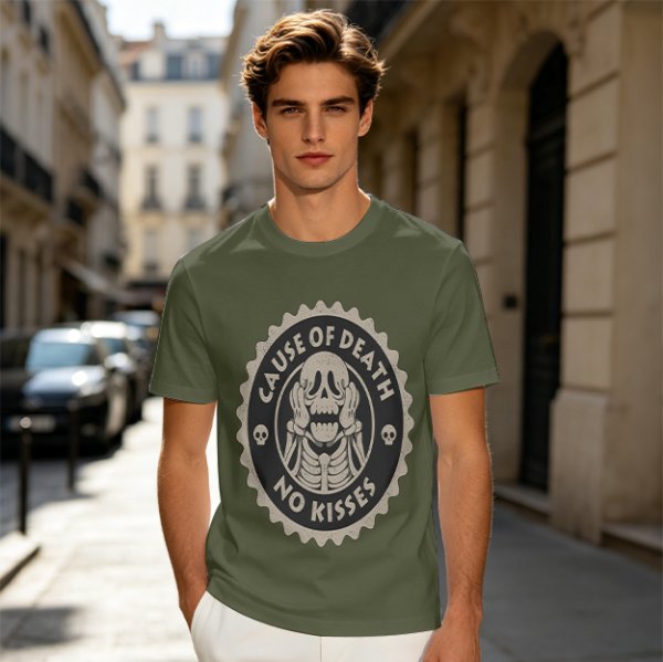 Olive T-shirt with 'Cause of Death No Kisses' Skeleton Graphic