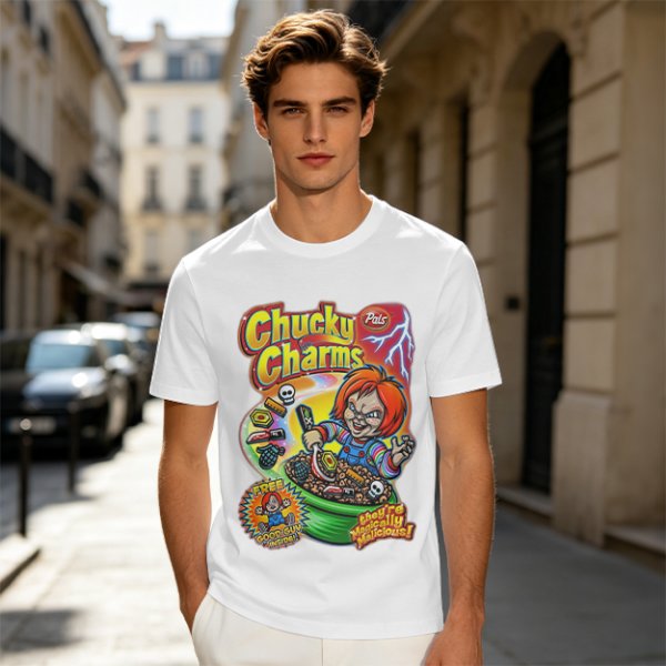 Chucky Charms Horror Cereal Themed Graphic T-Shirt