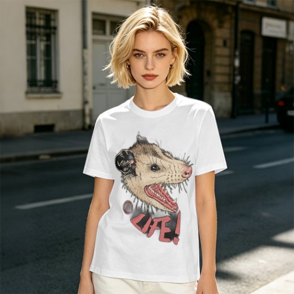 Olive T-Shirt With Aggressive Opossum 'LIFE!' Graphic Print