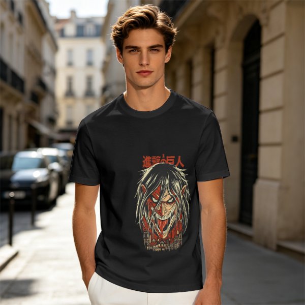 Olive green anime t-shirt with Attack on Titan printed design