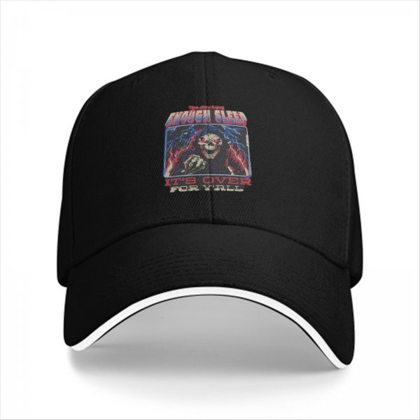 Black baseball cap with grim reaper graphic and enough sleep text