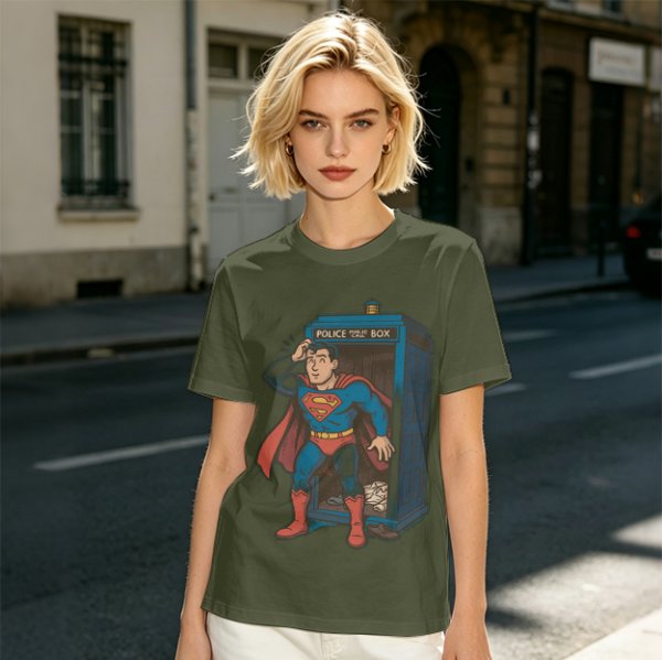 Olive T-shirt with Superman emerging from TARDIS police box graphic