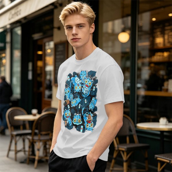 Olive T-Shirt With Playful Blue Cat Character Print