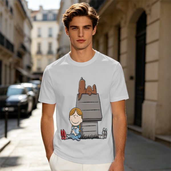 Olive T-Shirt with Peanuts Style Girl and Dog on Doghouse Print
