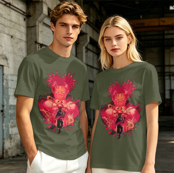 Olive Anime Graphic T-Shirt With Spiky Red Haired Character Art
