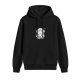 Black graphic hoodie with man and text print