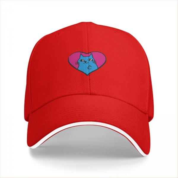 Black Baseball Cap With Blue Cat In Pink Heart Graphic