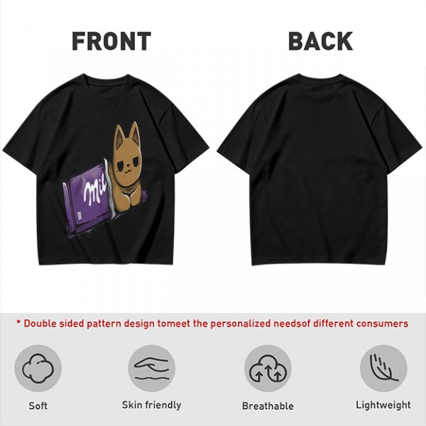 Olive T-shirt with a cartoon cat emerging from a purple chocolate wrapper print