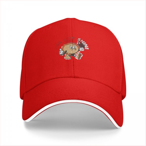 Black baseball cap with retro sun character and 'SHINE' graphic