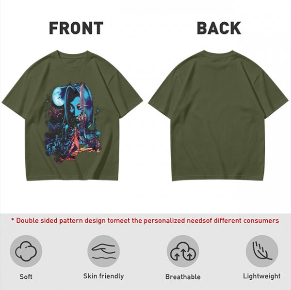 Olive T-shirt with fantasy warrior and moon graphic print