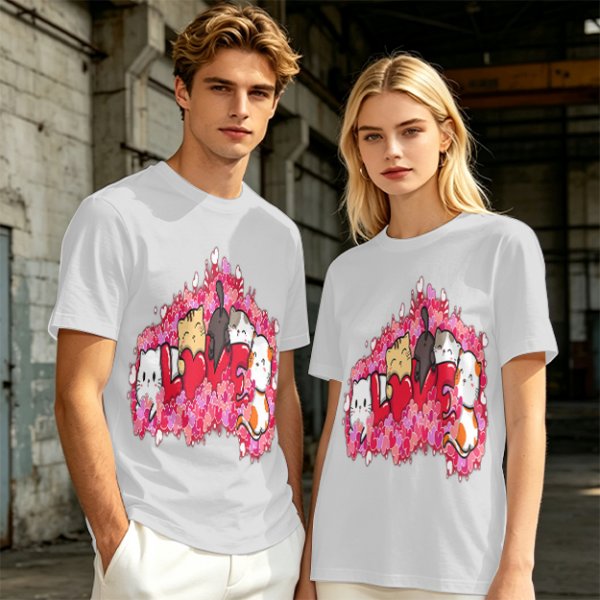 Olive green t-shirt with cute cats and love hearts graphic