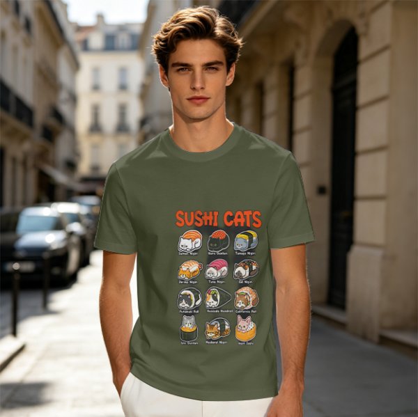 Olive T-Shirt With Sushi Cats Graphic Print