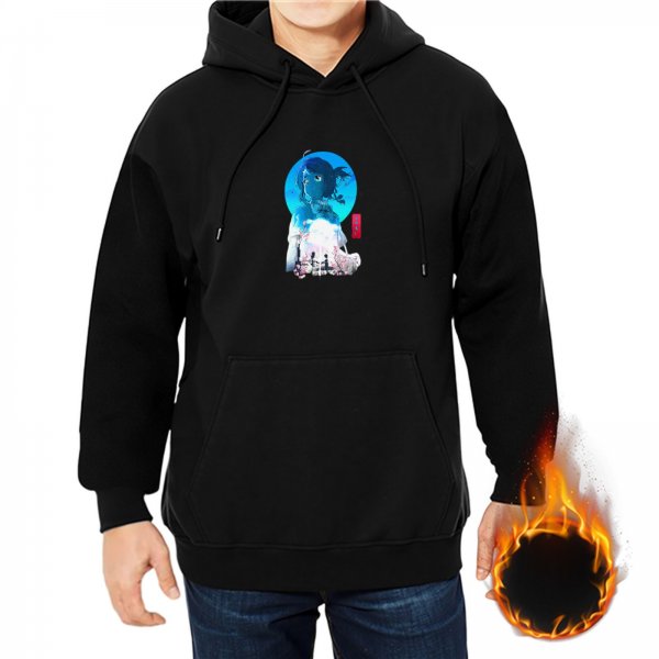 Black hoodie with anime-style blue character graphic print