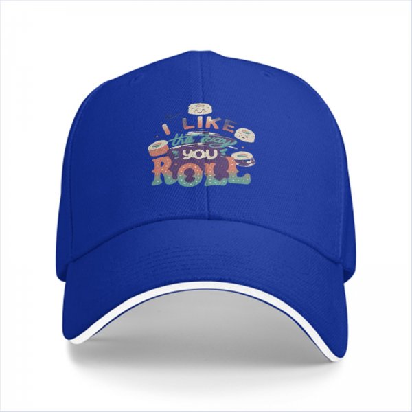 Black baseball cap with sushi graphic and 'I Like The Way You Roll' text