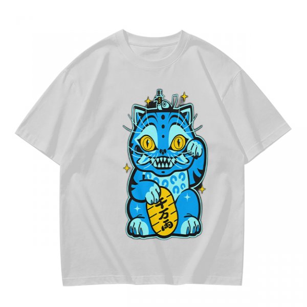 Olive T-Shirt With Blue Maneki-Neko Monster Graphic Print