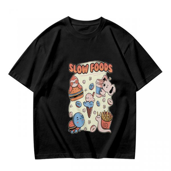 Olive green graphic t-shirt with slow foods animal fast food mashup print