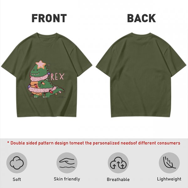 Olive T-shirt with Christmas T-Rex Dinosaur Graphic