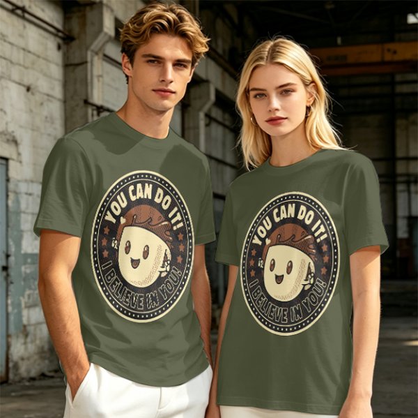 Olive green t-shirt with encouraging coffee character graphic and motivational text