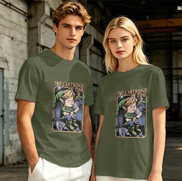 Olive t-shirt with The Cartridge of Time elf character print